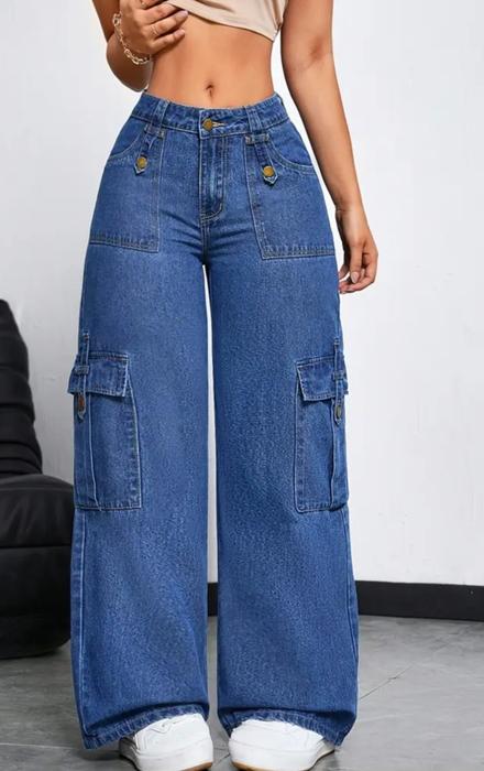 Jeans cargo féminin taille haute coupe droite, Streetweark décontracté bleu