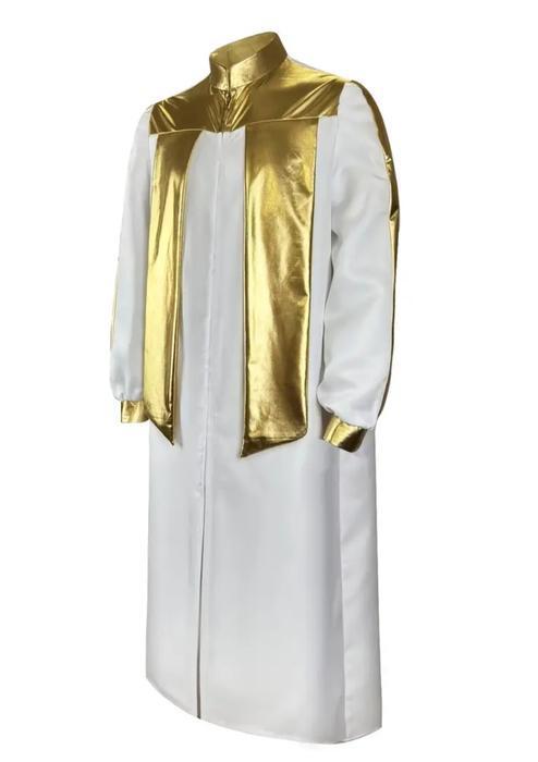 Robe des prêtres manche longues le bout en tissus or couleur unie, tissu non inxtensible avec col en chaîne
