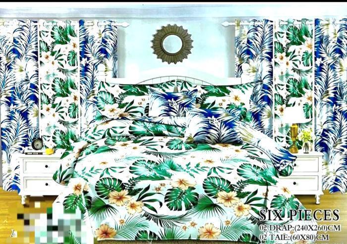 6 pièces Drap, taie d'oreiller, rideau