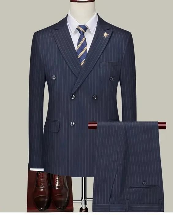 Costume elegant à rayures bleu marine pour homme 2 pièces modèle tendance